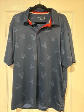 Walter Hagen Navy Polo with Subtle Bird Print and Red Trim Inside Collar